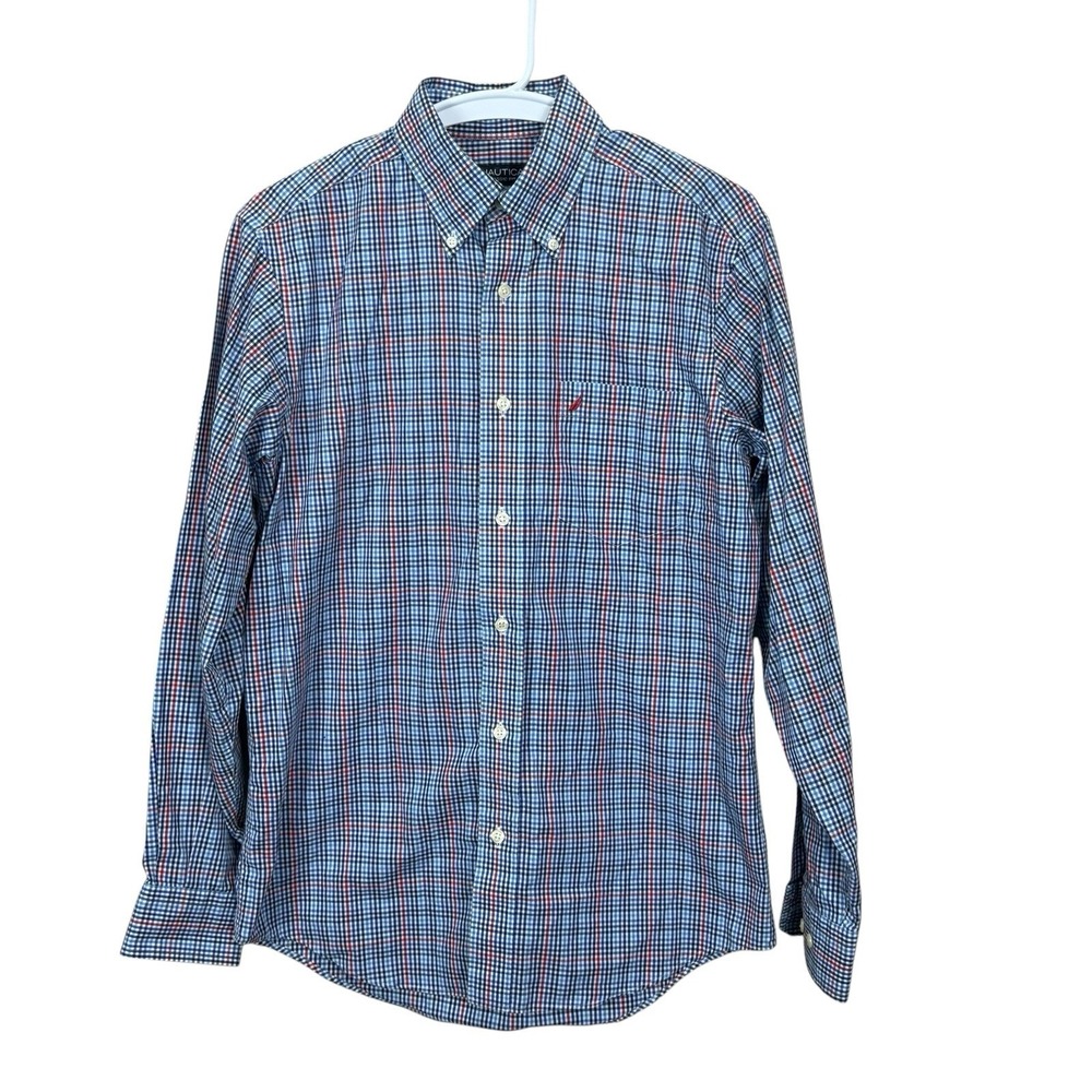 Nautica Classic Fit Red Blue Gingham Check Stretch Long Sleeve Mens Shirt Small